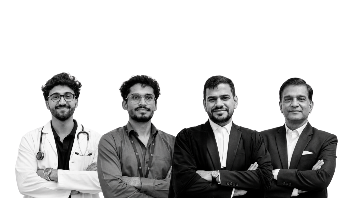 Four Indian professionals standing together — a doctor, an engineer, a lawyer and an executive